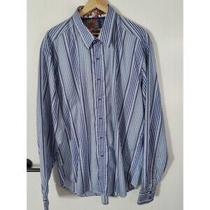 Robert Graham Shirt Mens 2XLT Blue Striped Flip Cuff Key Button Front Big & Tall
